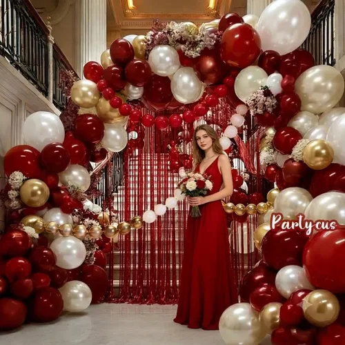 Vista 8 de Kit de arco de globos de color rojo, blanco y dorado, guirnalda de globos de doble relleno burdeos, vino, rubí, perla, blanco, arena, oro, para Oro