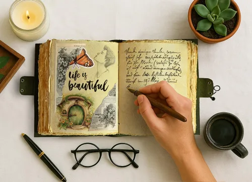 Vista 6 de Diario vintage con jardín hermoso en relieve en cuero - Diario antiguo hecho a mano con borde envejecido y papel encuadernado en cuero - Diario