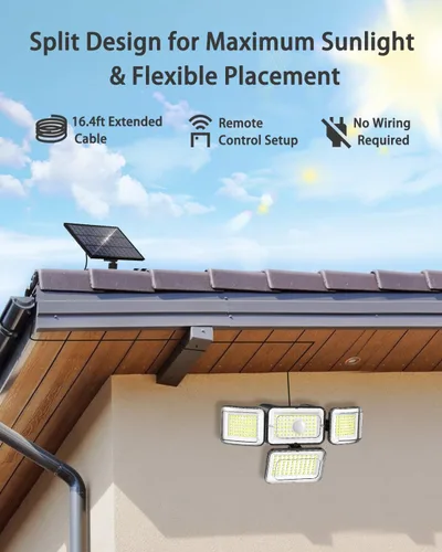 Vista 2 de CLAONER Luces solares para exteriores, sensor de movimiento, 3500 lm, 288 luces LED de seguridad con control remoto, IP67, impermeable, 4 cabezales