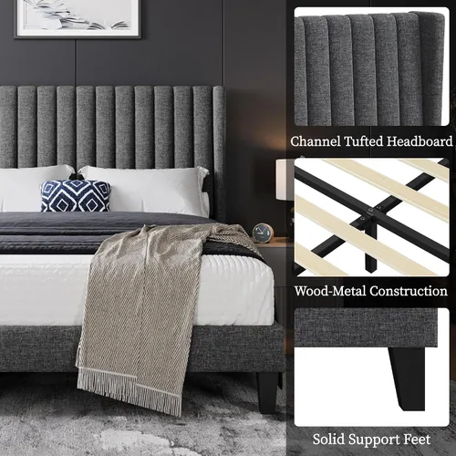 Vista 6 de Topeakmart Base de cama tapizada con cabecera de diseño de alas y base de colchón, soporte de listones de madera, no necesita somier