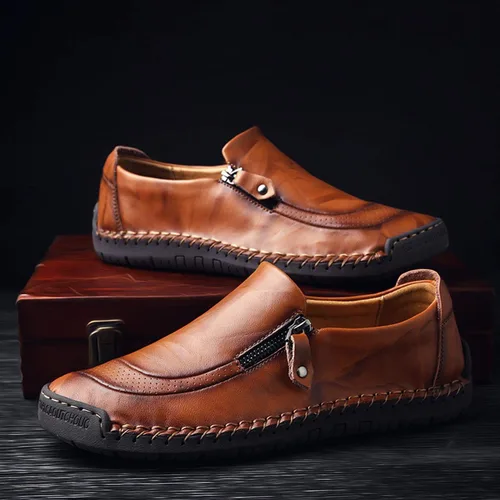 Vista 4 de Qiucdzi Zapatos cómodos de cuero para hombre, con costuras a mano, antideslizantes, informales, mocasines, zapatos para barco, Transparente