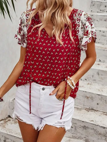 Vista 3 de SOLY HUX Women's Boho Floral Print Tie Neck Butterfly Sleeve Summer Blouse Top