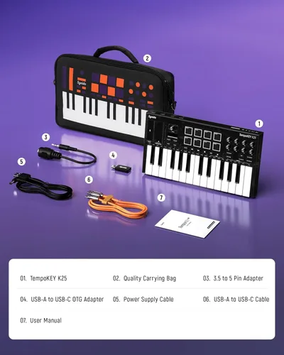 Vista 9 de Synido 25 Key USB MIDI Keyboard Controller with 8 Drum Pads, Professional Mini Midi Keyboard with OLED Screen, Beat Maker Machine for Music Negro