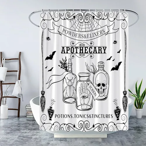 Vista 3 de Cortina de ducha espeluznante de Halloween, alquimia negra, bruja del mundo mágico, calabaza, brujería, calavera de terror, fantasmas espeluznantes