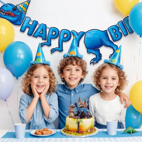 Vista 6 de WERNNSAI Cartel de fiesta de feliz cumpleaños – Cartel de cumpleaños de dinosaurio para decoración de fiesta de niños, suministros de decoración