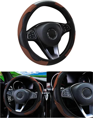 Vista 19 de Funda de volante de coche, 38 cm, de fibra de carbono, de microfibra, de PU, de cuero elástico, protector de volante antideslizante y transpirable