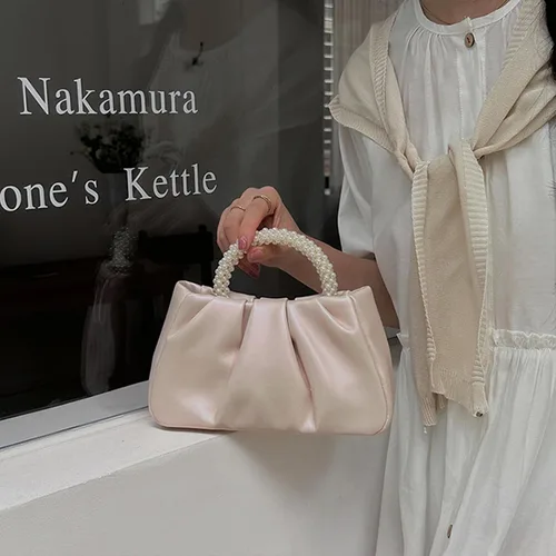 Vista 5 de LAKSMI Bolsos de mano de noche con perlas para mujer, de cuero suave, fruncidos, bolsos cruzados para bodas, fiestas, bailes de graduación