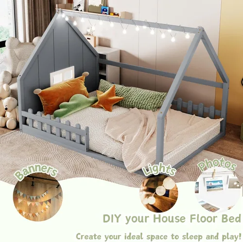 Vista 3 de Bellemave Cama de casa tamaño matrimonial, cama de piso de madera para niños, cama Montessori con barandillas y listones para niños y niñas, altura