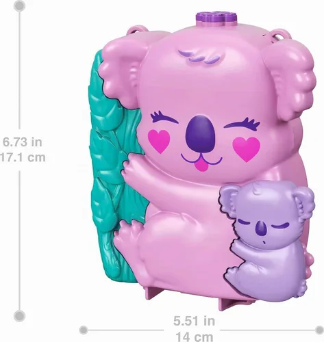 Vista 4 de Polly Pocket Muñecas y accesorios, juego de monedero Koala con 2 micro muñecas, 1 auto de juguete y 5 animales, juguete de viaje 2 en 1