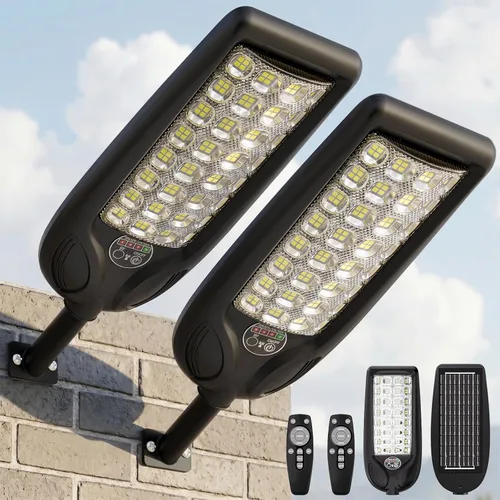 Vista 9 de MMKT - Farolas solares impermeables para exteriores, 3 colores LED del atardecer al amanecer, luces de inundación con sensor de movimiento y control