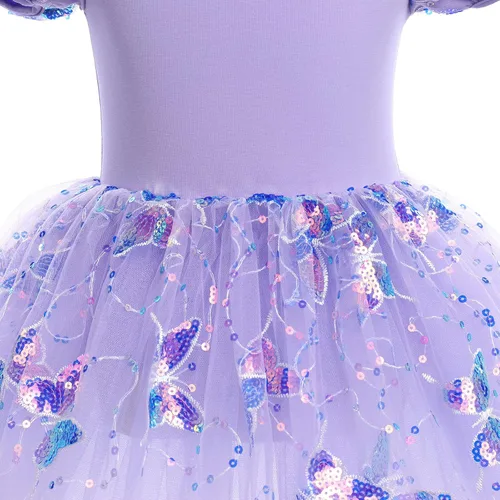 Vista 4 de Leotardos de ballet para niñas, 4 colores, mariposa, lentejuelas brillantes, vestido tutú de baile, manga abombada, ojo de cerradura en la espalda