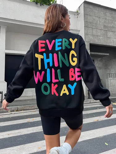 Vista 4 de SOLY HUX Sudadera de manga larga con cuello redondo y estampado de letras para mujer