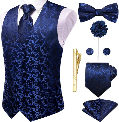 Vista 20 de Hi-Tie Chaleco de traje de seda para hombre, corbata y corbatín de solapa, clip de corbata dorado, chaleco floral de cachemira, 8 piezas, conjunto