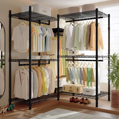 Vista 6 de Raybee Perchero de ropa con cubierta, perchereros para colgar ropa resistente, armario portátil con estantes, ajustable, carga de 905 LBS, negro