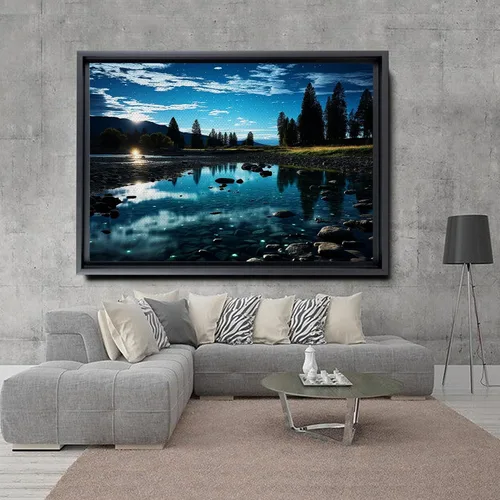 Vista 3 de Cool Wall Art Landscape Mountains Nature print Prints Minimalist Modern Home Artwork Decoration Night Sky With Stars, Framed Canvas Print