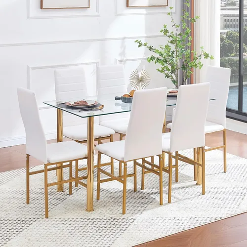 Vista 13 de Juego de mesa y silla de comedor de 7 piezas, juego de mesa de comedor para 6 mesas de cocina con 6 sillas, mesa rectangular de vidrio con 6 sillas