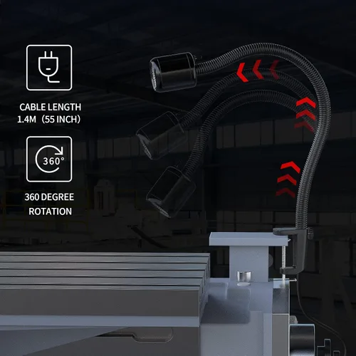 Vista 5 de Luz LED para máquina, luz de torno flexible IP66, impermeable, 800 lúmenes, 110 V-220 V, con base de abrazadera de boca de caballo para máquina