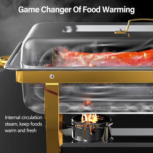 Vista 3 de Juego de 2 Platos de Roce de 8 Qt para Buffet, Juego de Chafer para Catering de Acero Inoxidable de Tamaño Completo Dorado, Rectangular