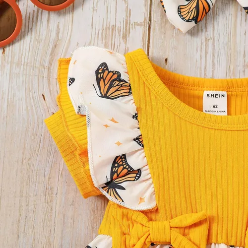 Vista 4 de Conjunto de 2 piezas de ropa de verano para bebé recién nacida, manga corta, estampado de mariposas, con tirantes acanalados, diadema