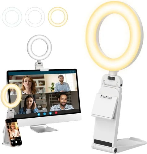 Vista 9 de Evershop Luz de Anillo para Portátil con Clip de Escritorio, Iluminación de Videoconferencia de Computadora Pequeña con Soporte para Teléfono/Cámara