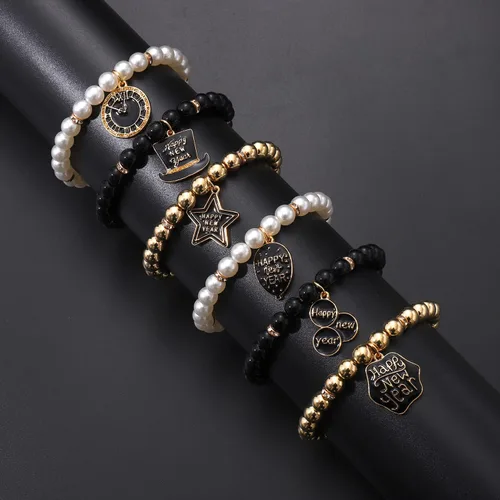 Vista 3 de PHALIN Pulseras de feliz año nuevo para mujer, pulseras elásticas con cuentas de perlas CCB, pulsera brillante con dije de estrellas, pulsera de Año