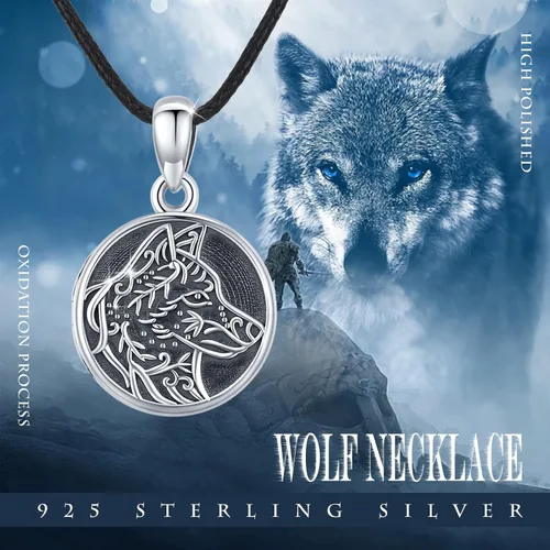 Vista 2 de MEDWISE Collar con medallón vikingo Volf que sostiene fotos de plata oxidada, collar de medallón de fotos de plata oxidada, collar de lobo, regalo