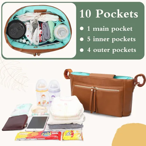 Vista 8 de MOMINSIDE Mochila para pañales, soporte organizador de cochecito con portavasos aislados, bolsa de bebé de cuero con 6 bolsillos aislados para mamá