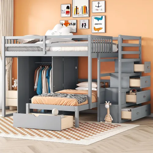 Vista 10 de RUNNA Litera matrimonial sobre individual con escritorio, cajones y escaleras, litera de madera maciza para niños, niñas, adolescentes y adultos