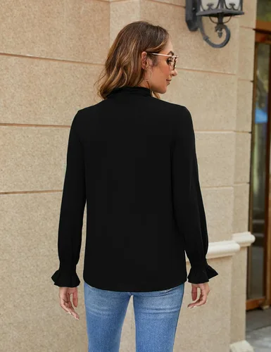 Vista 5 de Blusas de cuello alto para mujer, manga larga, con volantes, ajuste holgado, ropa de trabajo casual