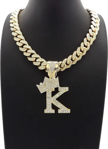 Vista 3 de Colgante con inicial K del alfabeto de Hip Hop y collar de cadena cubana con cerradura de caja helada completa de 0.472 in y 18 pulgadas, Chapado