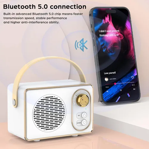 Vista 3 de Altavoz Bluetooth retro, JS-6414, Altavoz Bluetooth inalámbrico portátil vintage 5.0 con tarjeta TF U disco AUX, verde