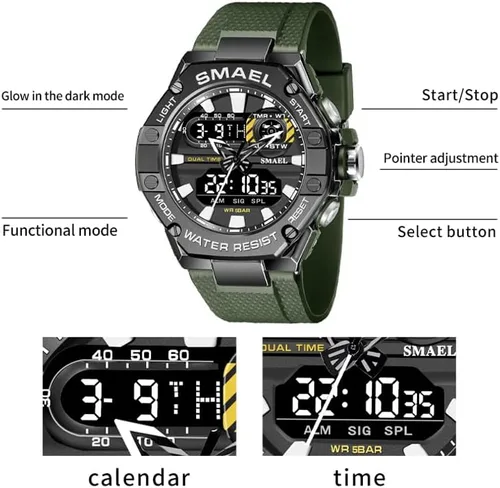 Vista 4 de SMAEL Reloj deportivo para hombre, reloj de doble tiempo para hombre, reloj de luz LED, alarma 8066, reloj deportivo de moda, reloj de pulsera