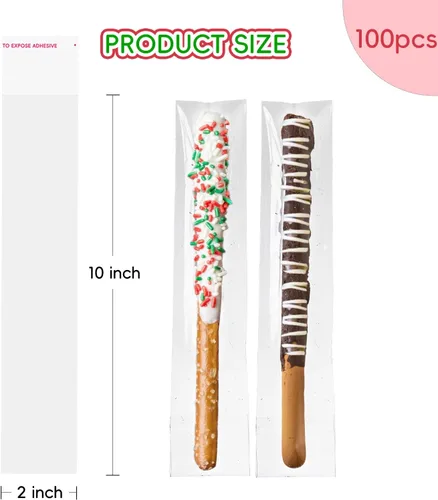 Vista 2 de 100 bolsas de celofán transparentes autoadhesivas, de 2 x 10 pulgadas, bolsas de barra de pretzel para panadería, galletas, dulces, pretzel, regalo