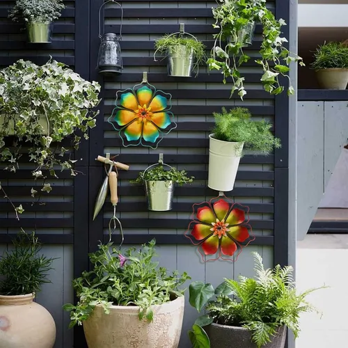Vista 4 de Decoración de pared de flores de metal, decoración de pared de metal con marco de alambre para colgar para porche al aire libre, patio, jardín