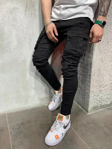 Vista 3 de LONGBIDA - Jeans para hombre, de tiro ajustado, con roto y desgastados