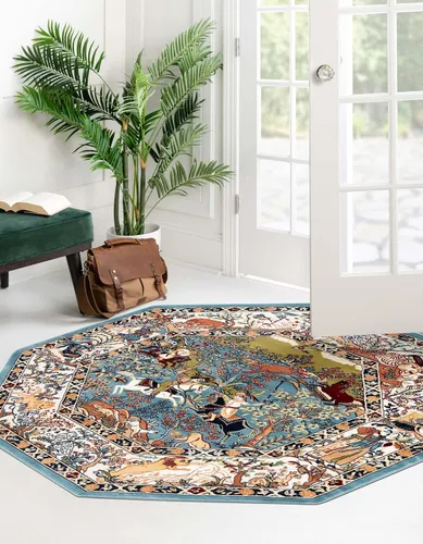 Vista 4 de Unique Loom Narenj Collection - Alfombra de área Birmingham (octágono de 5 pies 1 pulgada, azul/borgoña)