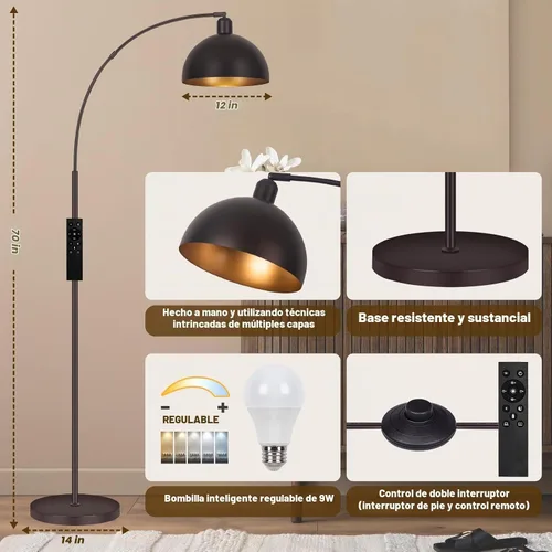 Vista 5 de Lámparas de pie de arco de bronce para sala de estar regulables – Lámpara de arco LED de 9W mejorada con 4 temperaturas de color, lámpara de pie