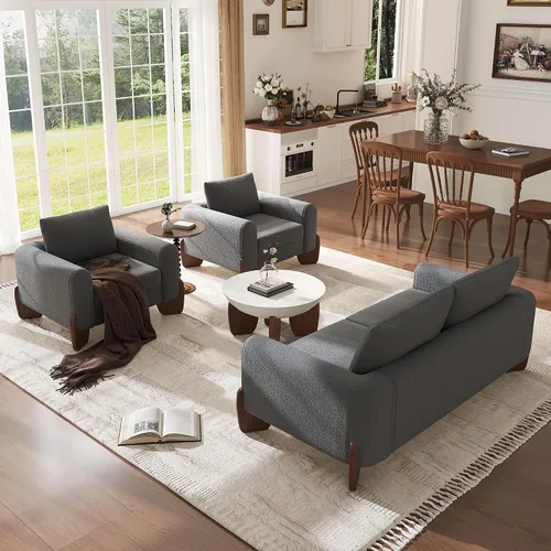Vista 4 de Moderno juego de sofá de 3 piezas, 1 sofá biplaza y 2 sillones, juego de muebles modulares de sala de estar, tapicería Boucle, marco de sofá