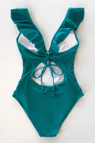 Vista 5 de CUPSHE Traje de baño de una pieza con volantes y cuello en V para mujer, con cordón