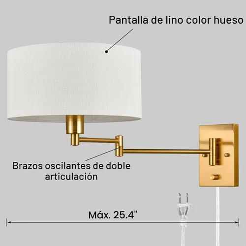 Vista 4 de Apliques de Pared Dorados Enchufables Juego de Dos Lámpara de Pared de Latón con Brazo Giratorio Aplique de Pared con Cableado Fijo con Interruptor