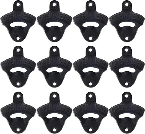 Vista 11 de Abridor de botellas de hierro fundido negro montado en la pared con tornillos montables para mesa de poste enfriador de madera (paquete de 3)