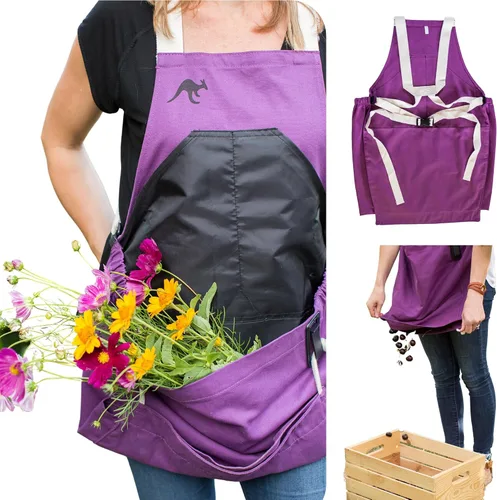 Vista 14 de Roo - Delantal de jardinería con bolsillos y cosecha, bolsa de recogida, ajustable, resistente al agua, lavable, lona de algodón