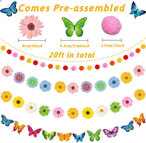 Vista 2 de Juego de 4 pancartas de verano para decoración de verano con diseño de mariposas y flores, flores de sol, remolinos colgantes, suministros de fiesta