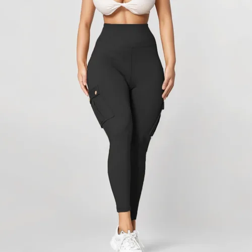 Vista 9 de Ayolanni Women High Waist Yoga Leggings Butt Lifting Tummy Control Solid Cargo Tights with Button Porkets for Jogging Workout