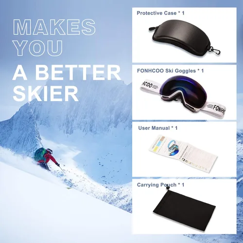 Vista 6 de FONHCOO Gafas de esquí para hombres y mujeres, antivaho OTG gafas de snowboard con lente desmontable para esquí, patinaje, protección UV