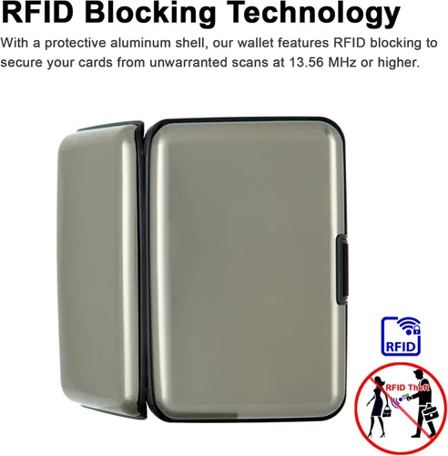 Vista 35 de Soporte para tarjetas de crédito, cartera metálica con bloqueo RFID para tarjetas de identificación para mujeres y hombres, funda rígida de aluminio
