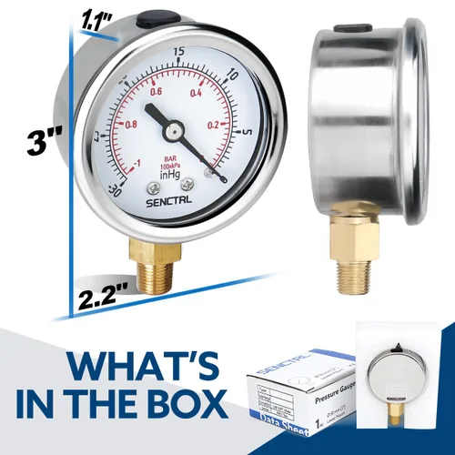 Vista 6 de SENCTRL - Medidor de presión de vacío de 30inHg, esfera de 2", NPT de 1/8, montaje inferior, estuche de acero inoxidable, resistente al agua