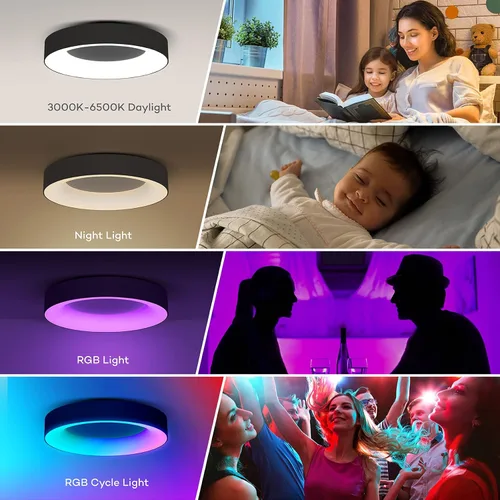Vista 3 de Annaror Lámpara de Techo LED RGB de Montaje al Ras con Control Remoto, Luminaria de Techo Negra de 11 Pulgadas 24W, Color de Luz Cambiable