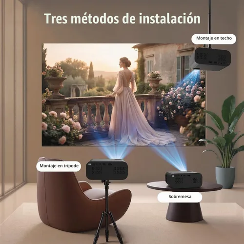 Vista 7 de Proyector, Proyector inteligente con WiFi y Bluetooth, Aplicaciones integradas, Enfoque automático y Keystone, Soporte nativo 1080P, Proyector mini
