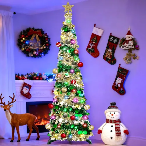 Vista 6 de [Temporizador y 8 modos] Árbol de Navidad delgado iluminado de 6 pies, feliz año nuevo 2025 con 100 luces cambiantes blancas cálidas y multicolor